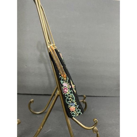 Vtg Tapestry Petit Point Handbag Embroidered Kiss Clasp Ornate Gold Frame Chain - Picture 4 of 12